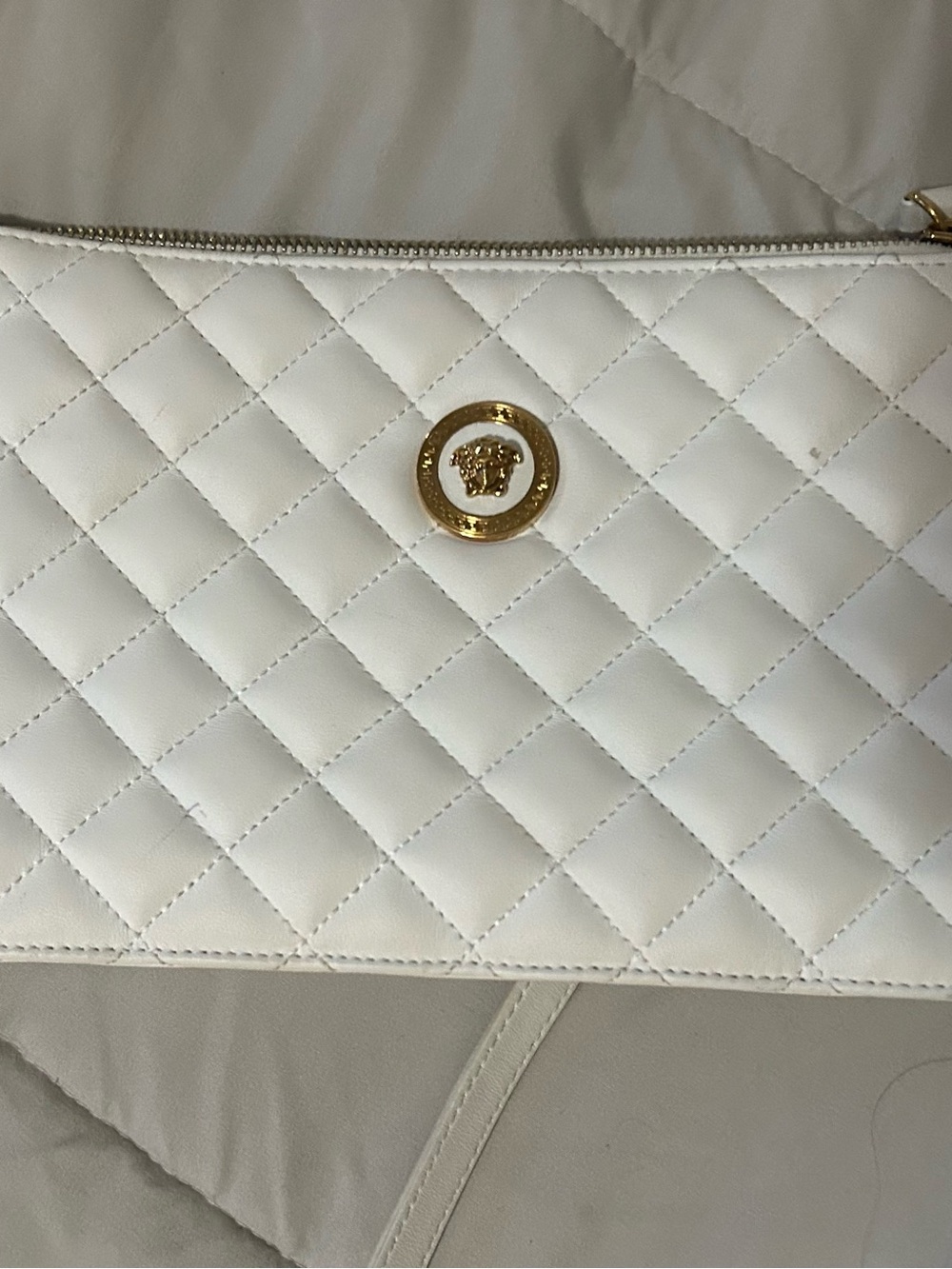 Versace White Quilted Leather Wristlet Clutch with Gold Medallion
